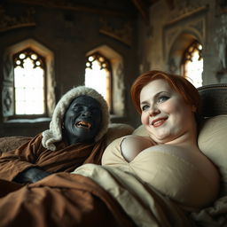 In a medieval bed within a room adorned with ancient windows, lies a very small, elderly African woman with dark, malnourished skin and sharp, decayed teeth