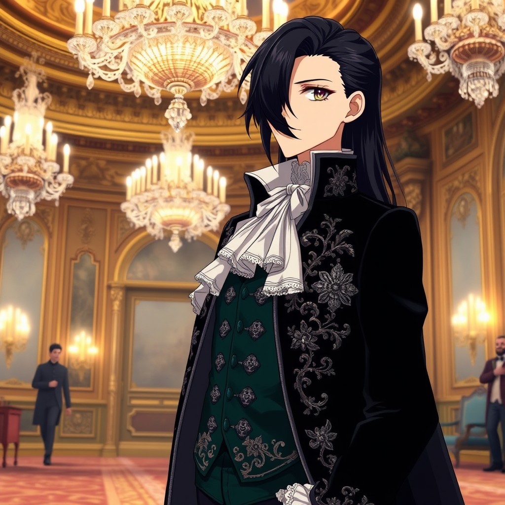 An anime character with sleek, raven-black hair styled elegantly, cascading down their back with a few stylishly loose strands framing their face