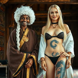 A medieval room setting with rich wooden beams and intricate tapestries, featuring two women