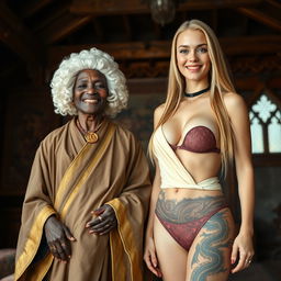 A medieval room setting with rich wooden beams and intricate tapestries, featuring two women