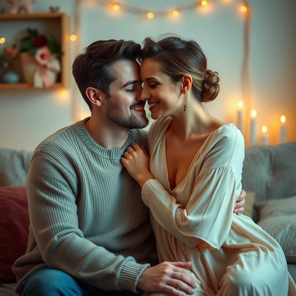 An intimate couple sharing a tender moment, sitting close together in a cozy setting
