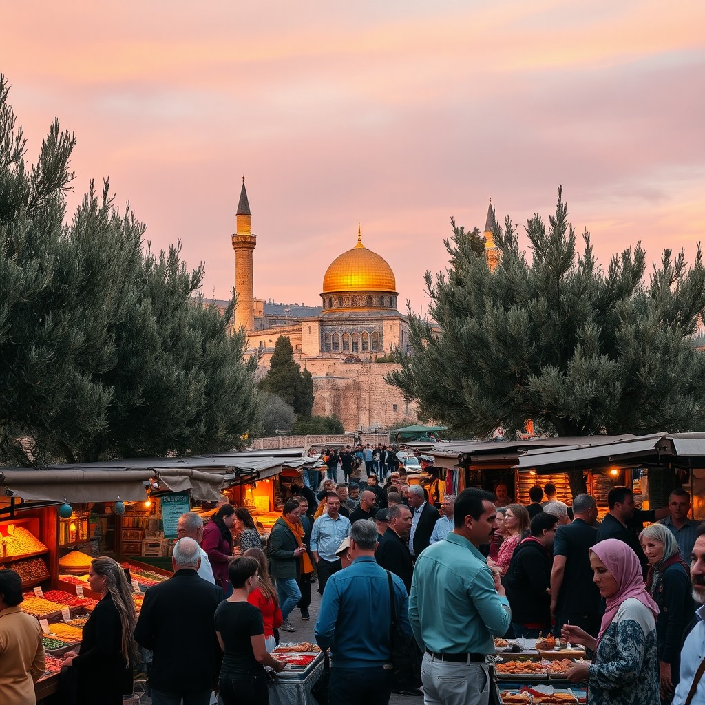 A beautiful landscape of Palestine featuring the ancient city of Jerusalem with the iconic Al-Aqsa Mosque in the background, surrounded by lush olive trees