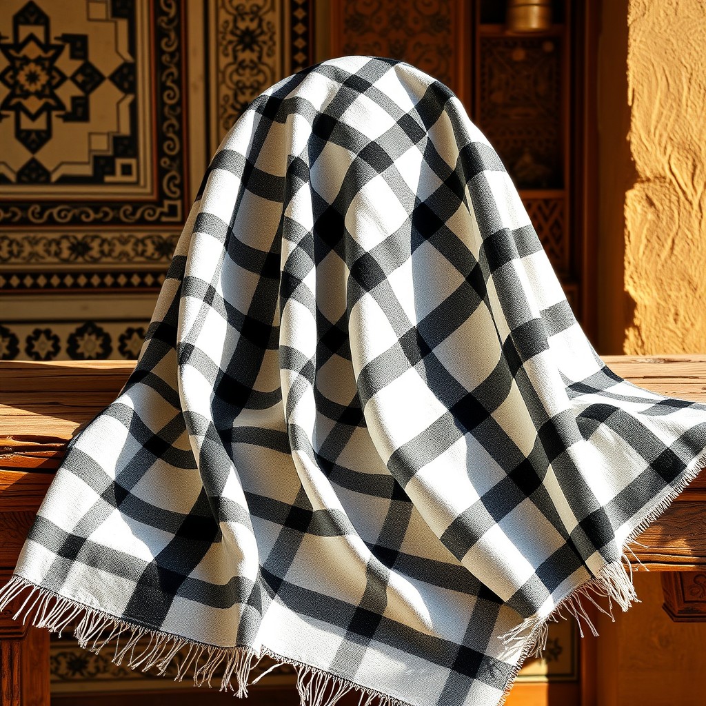 A beautifully detailed depiction of a traditional Palestinian kufiya, showcasing its distinctive black and white checkered pattern