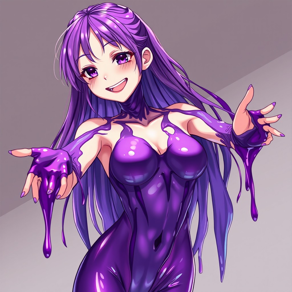 An anime adult woman whose entire body is covered in a glossy mix of purple and dark purple slimy sludge that drips gracefully down her form