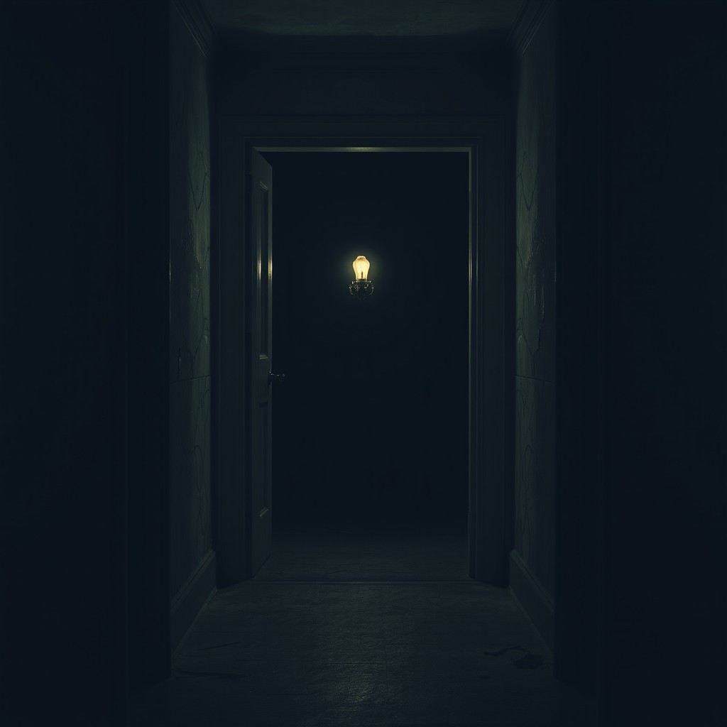 An eerie classroom corridor, leading to an open door that reveals a dark, empty room
