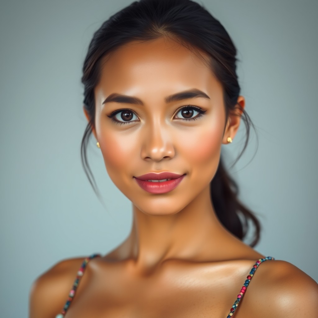 A beautiful woman with a large chest, a mix of Malay and Palembang descent, featuring light brown skin that looks clean with a natural warm glow