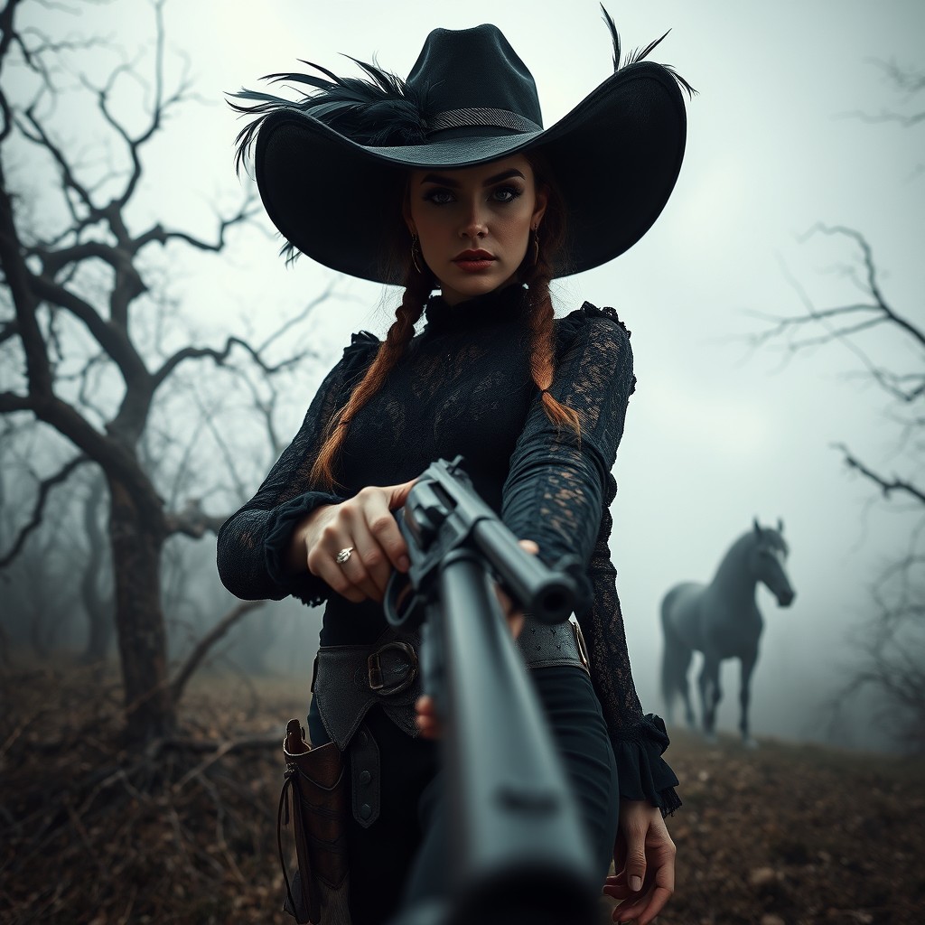 A striking gothic-themed cowgirl, featuring dark attire with intricate lace details, a wide-brimmed black hat adorned with feathers, and weathered leather boots
