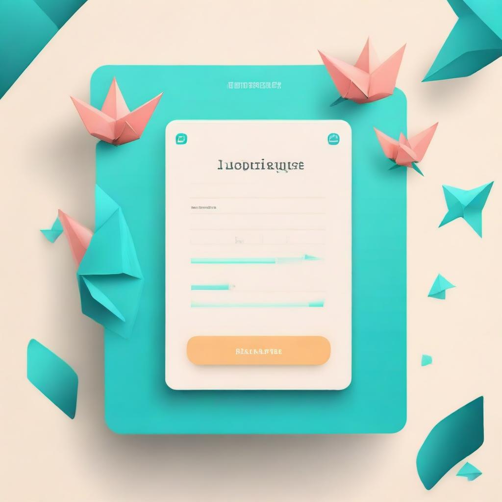 A login page design featuring a detailed illustration of an origami art piece on a dark cyan background.