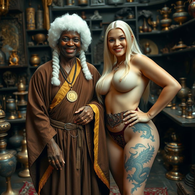 In a medieval room filled with various relics, there is a joyful black African woman, 60 years old and petite, wearing a white colonial judge wig