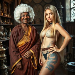 In a medieval room filled with various relics, a 50-year-old African woman, undernourished and short, is wearing a white 18th-century colonial judge's wig and displays a joyful smile