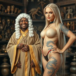 In a medieval room filled with various relics, a 50-year-old African woman, undernourished and short, is wearing a white 18th-century colonial judge's wig and displays a joyful smile