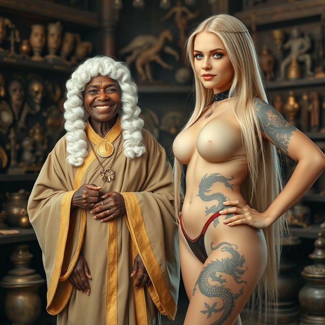 In a medieval room filled with various relics, a 50-year-old African woman, undernourished and short, is wearing a white 18th-century colonial judge's wig and displays a joyful smile