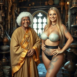 In a medieval room filled with various relics, a joyful 50-year-old short African woman, appearing undernourished, is smiling widely