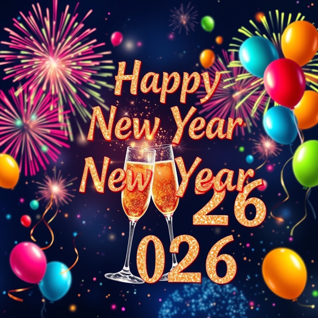 A vibrant and festive New Year 2026 greeting poster, featuring colorful fireworks exploding in the night sky, with a lively party atmosphere