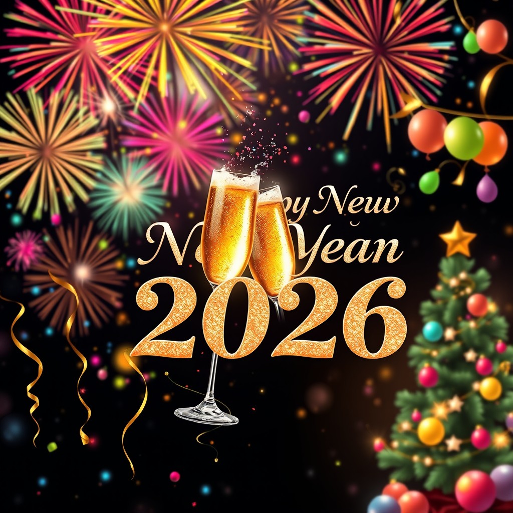 A stunning and elaborate New Year 2026 greeting poster, designed to evoke a festive atmosphere