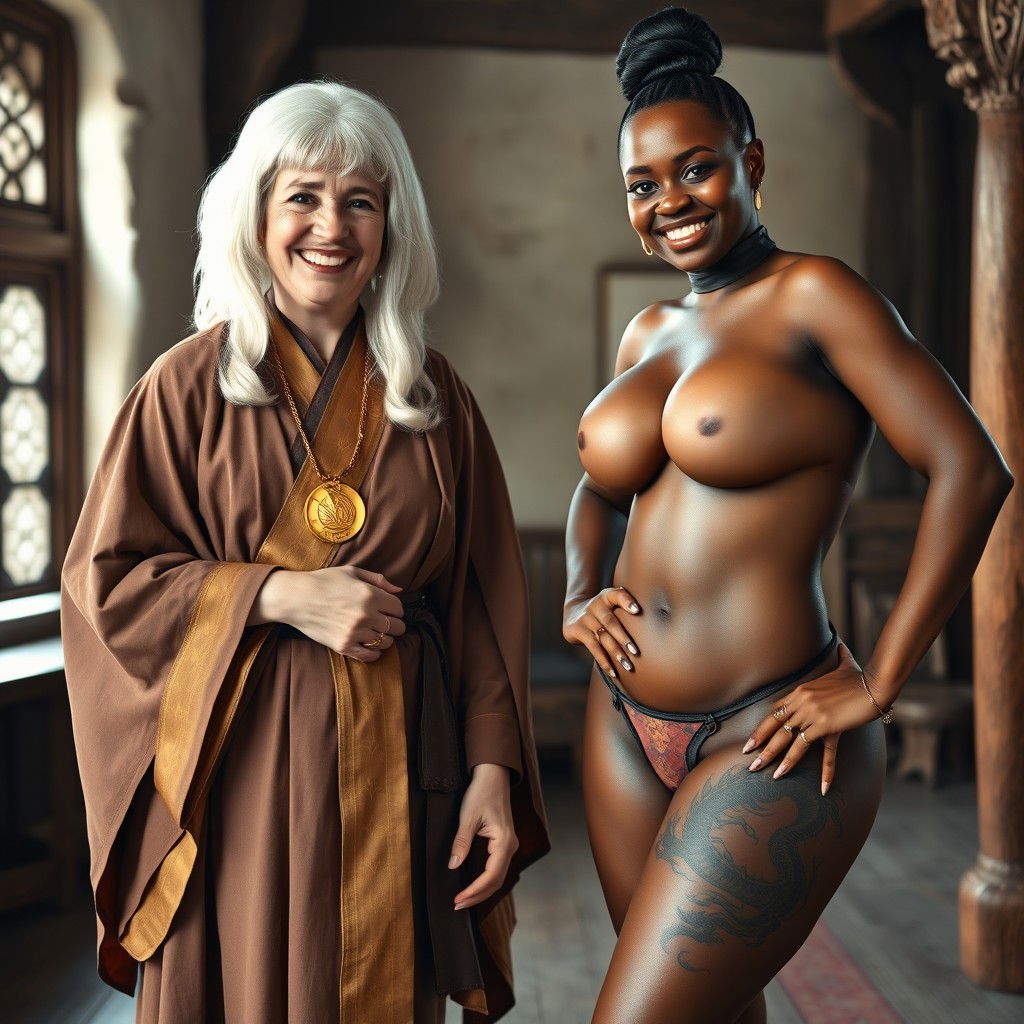 In a medieval room, a cheerful 40-year-old white blonde woman, short and slightly malnourished with blue eyes, wears a white 18th-century colonial judge wig and smiles brightly