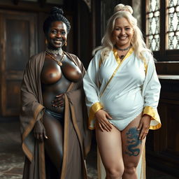 In a medieval room, a cheerful 40-year-old white blonde woman, short and slightly malnourished with blue eyes, wears a white 18th-century colonial judge wig and smiles brightly