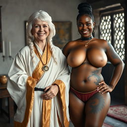 In a medieval room, a cheerful 40-year-old white blonde woman, short and slightly malnourished with blue eyes, wears a white 18th-century colonial judge wig and smiles brightly