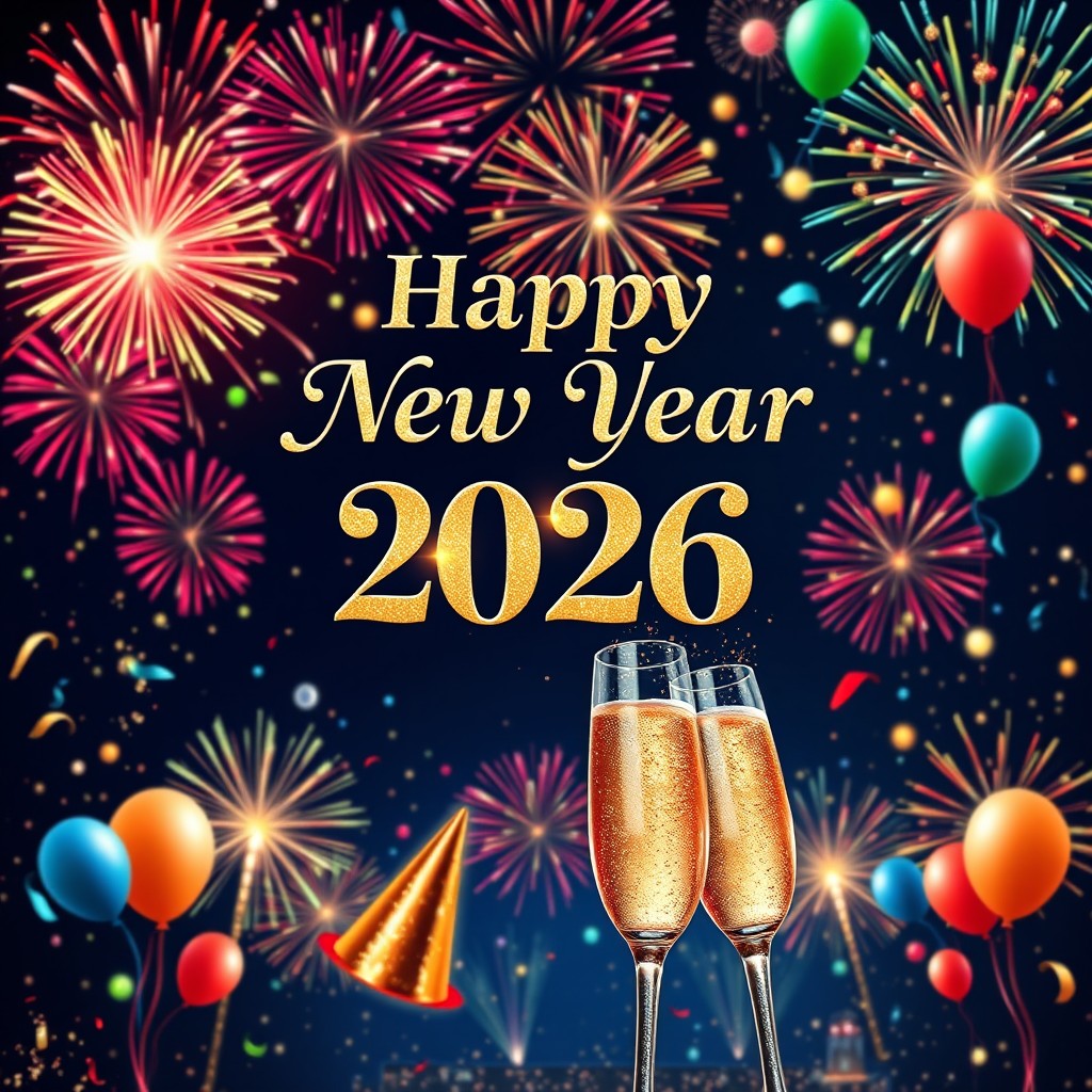 An extravagant and festive New Year 2026 greeting poster, showcasing a dynamic celebration theme