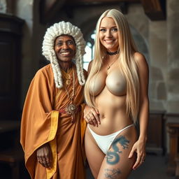 In a medieval room, a short, malnourished, 50-year-old African woman wears a joyful smile, adorned with a white 18th-century colonial judge wig