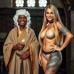 In a medieval room, a short, malnourished, 50-year-old African woman smiles joyfully, wearing a white 18th-century colonial judge wig