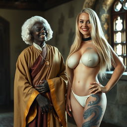 In a medieval room, an African woman aged 50, short and undernourished, wearing a white 18th-century colonial judge's wig and smiling joyfully, dressed in a wide, long Buddhist robe with golden edges