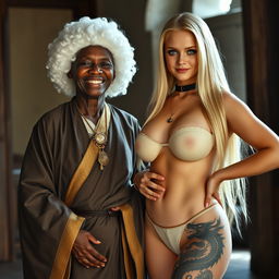 In a medieval room, an African woman aged 50, short and undernourished, wears a white 18th-century colonial judge's wig and smiles joyfully