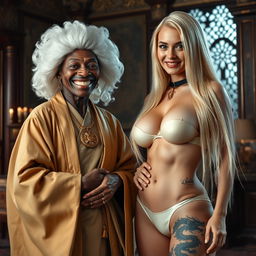 In an opulent medieval noble room, a short, emaciated 40-year-old African woman with a radiant smile wears a white 18th-century colonial judge wig