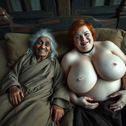 Two figures lying on a large medieval bed in a medieval room: a tiny, elderly woman of African descent, characterized by her malnourished body and very small face, smiling with rotten teeth