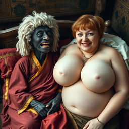 In a medieval bed within a room decorated in rich historical detail, lies a tiny, elderly African woman with very dark skin, a malnourished body, and sharp, decayed teeth