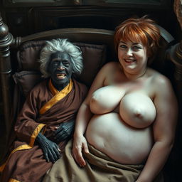 In a medieval bed within a room decorated in rich historical detail, lies a tiny, elderly African woman with very dark skin, a malnourished body, and sharp, decayed teeth