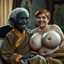 In a medieval bed within a room that reflects historical charm, we see a tiny elderly African woman characterized by her very dark skin, slender body, and sharp, decayed teeth