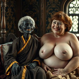 In a medieval bed located in a richly decorated room, we see a tiny elderly African woman with very dark skin, a frail body, and sharp, decayed teeth