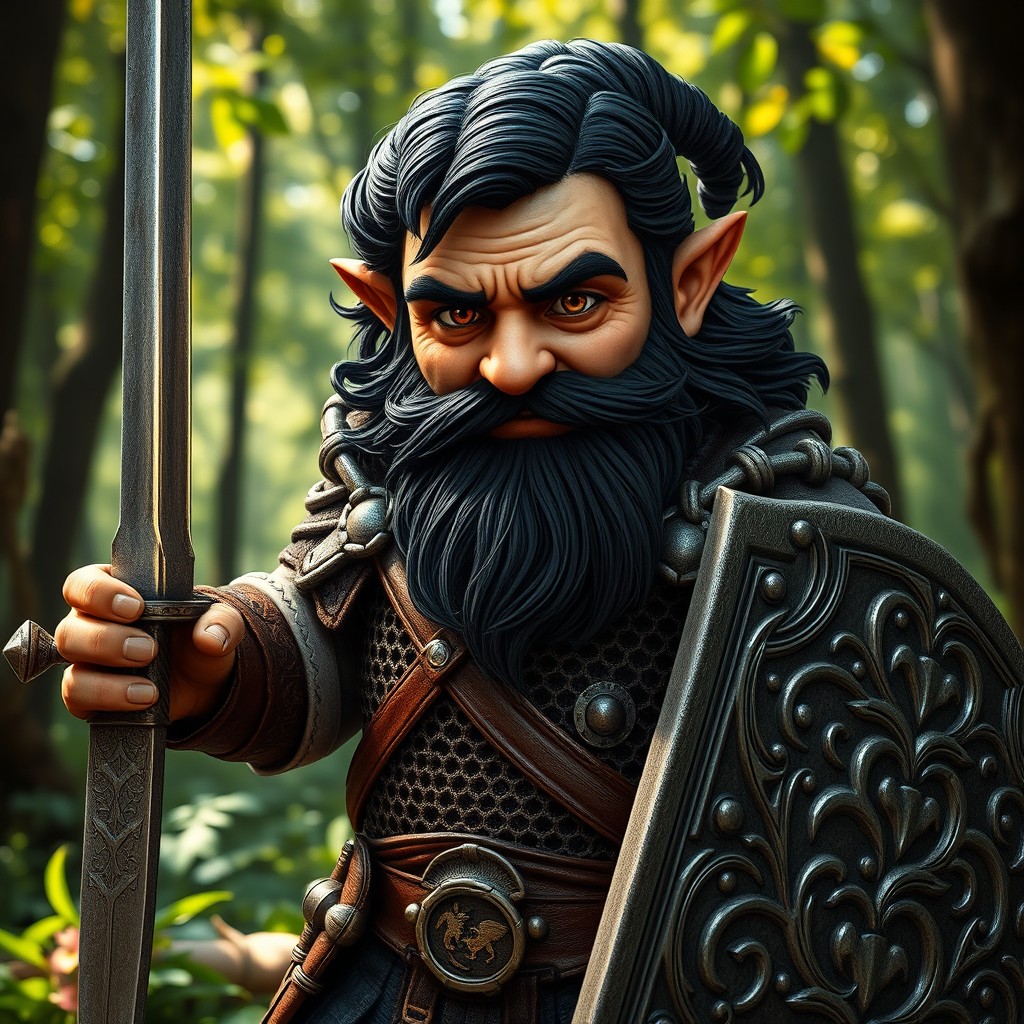 A hyperrealistic medieval warrior gnome with striking amber eyes, a dark beard, and dark wavy hair