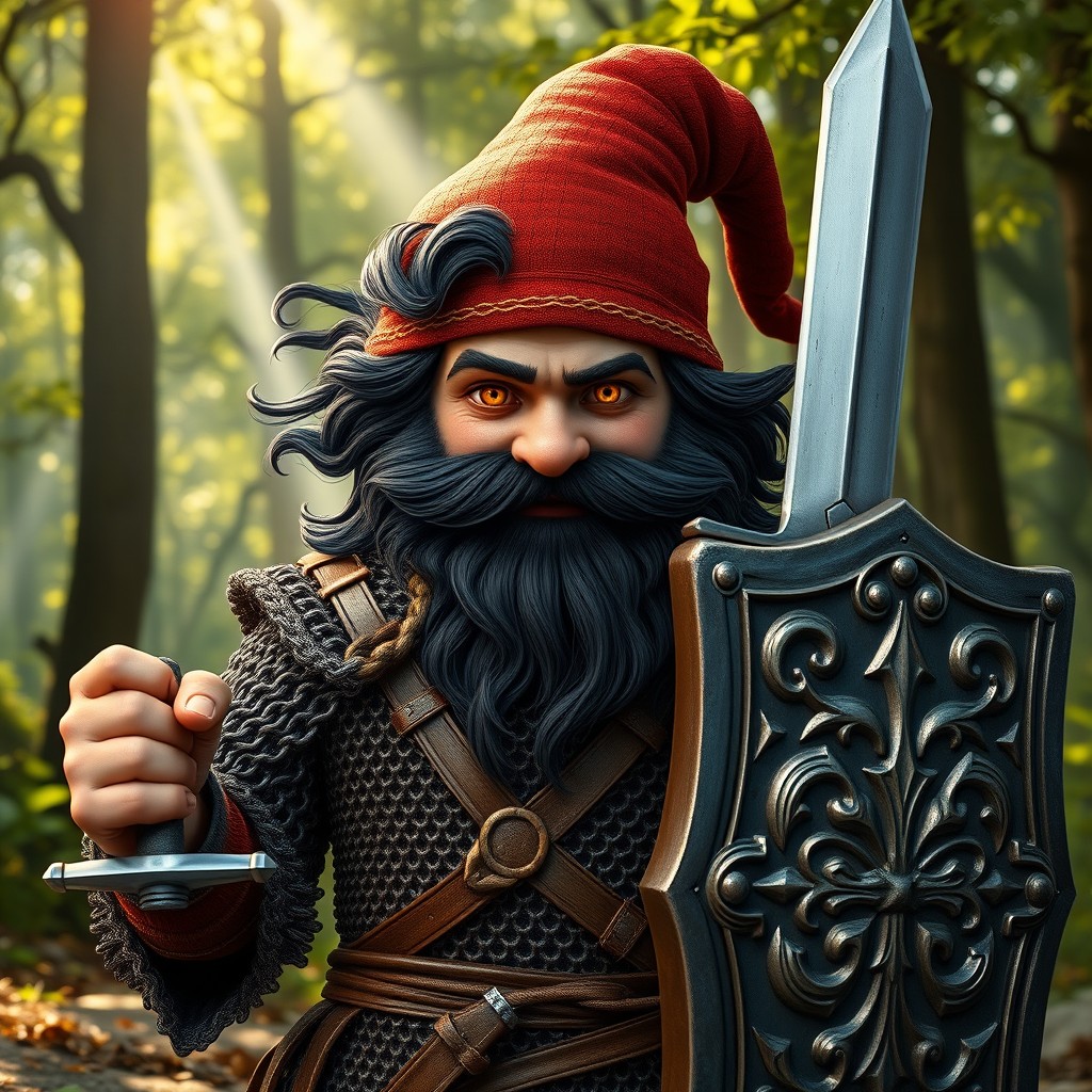 A hyperrealistic medieval warrior gnome featuring vibrant amber eyes, a full dark beard, and flowing dark wavy hair