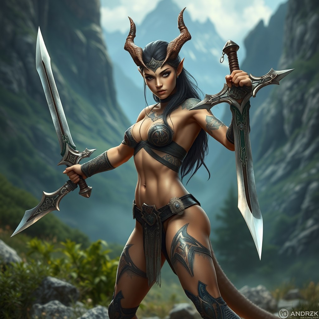A lithe female dragonborn barbarian, showcasing her muscular yet elegant physique, stands poised in a fantastical landscape