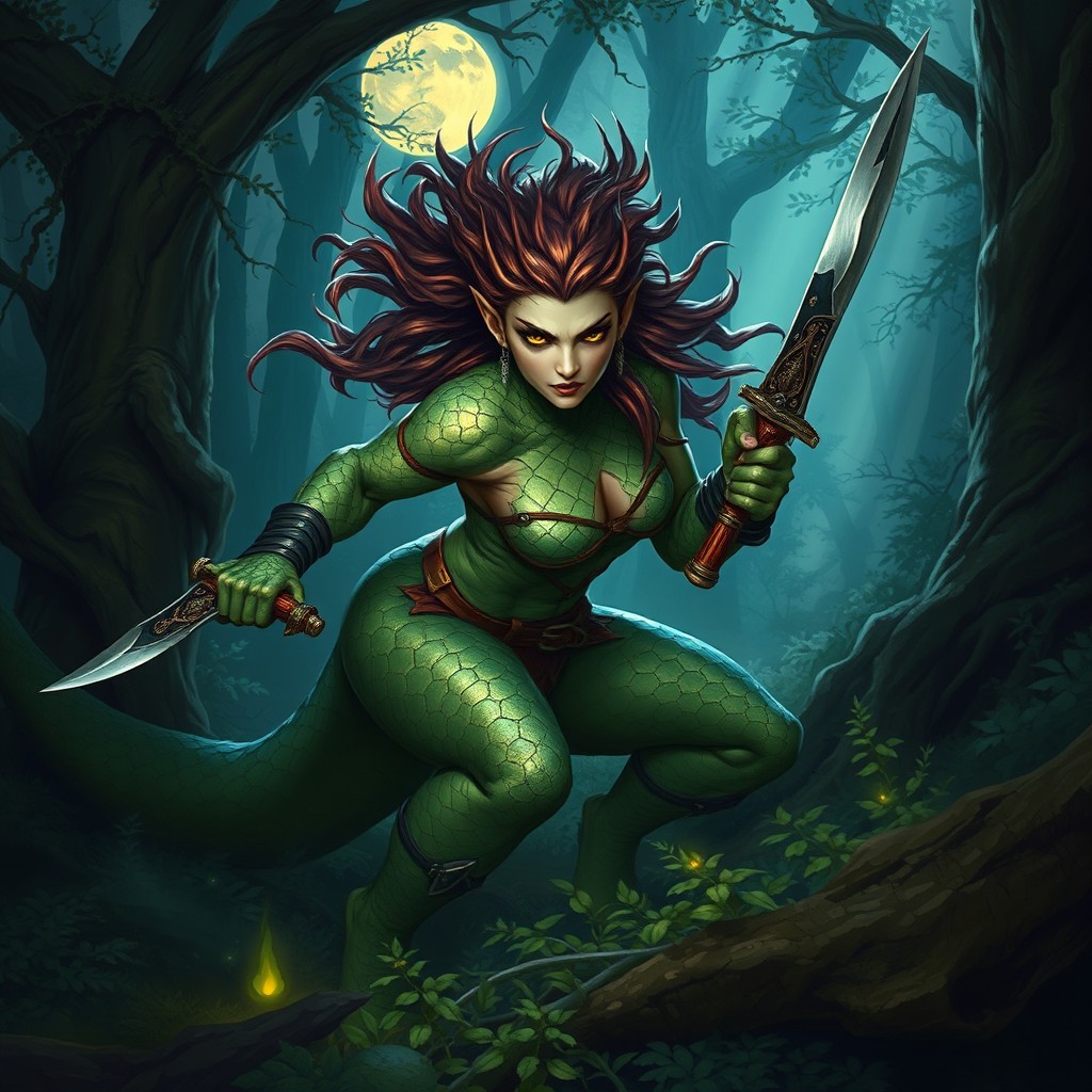 A fierce female dragonborn barbarian with intricate scales shimmering in shades of green and bronze, expertly dual wielding finely crafted knives