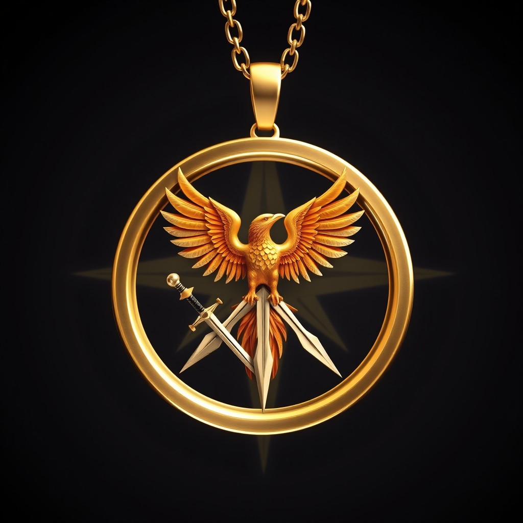 A realistic golden necklace featuring a round pendant