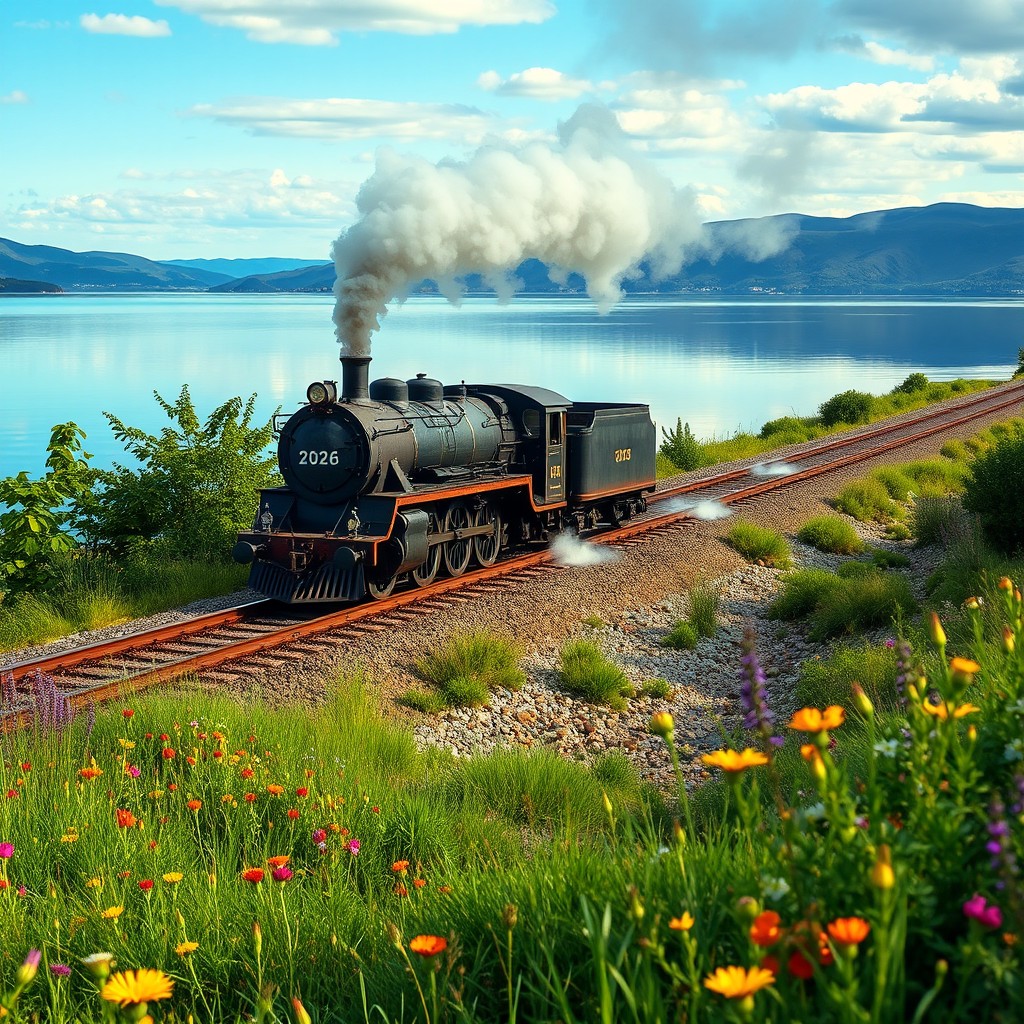 A dramatic scene by a serene lake, where a powerful locomotive emblazoned with the number 2026 is racing towards the viewer along the tracks that hug the shoreline