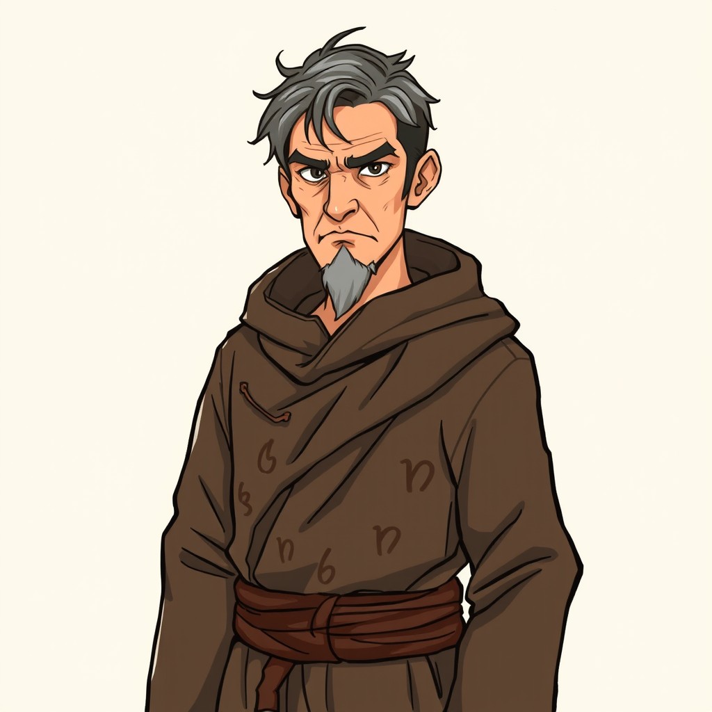 A middle-aged abjuration wizard in his mid-forties with short black hair streaked with gray, featuring sharp, calculating eyes and a lean build