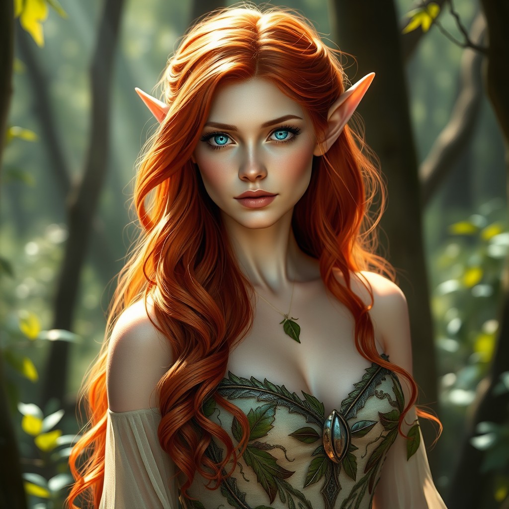 A beautiful redhead elf with striking blue eyes, featuring long, flowing wavy hair cascading down her shoulders