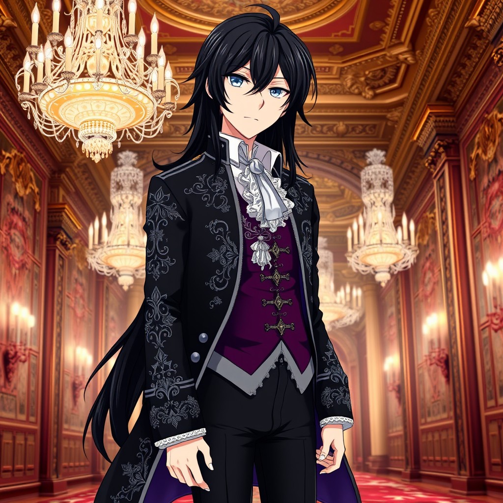 An anime character with strikingly long, jet-black hair elegantly styled in loose waves, framing their face with a mysterious allure