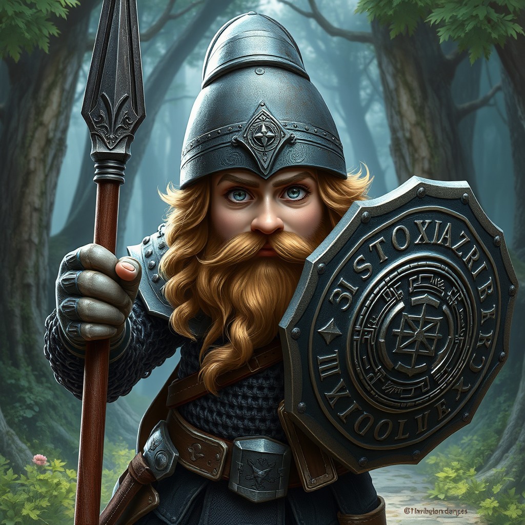 A hyperrealistic depiction of a gnome fighter from Dungeons and Dragons, wearing detailed chainmail armor and a conical helmet