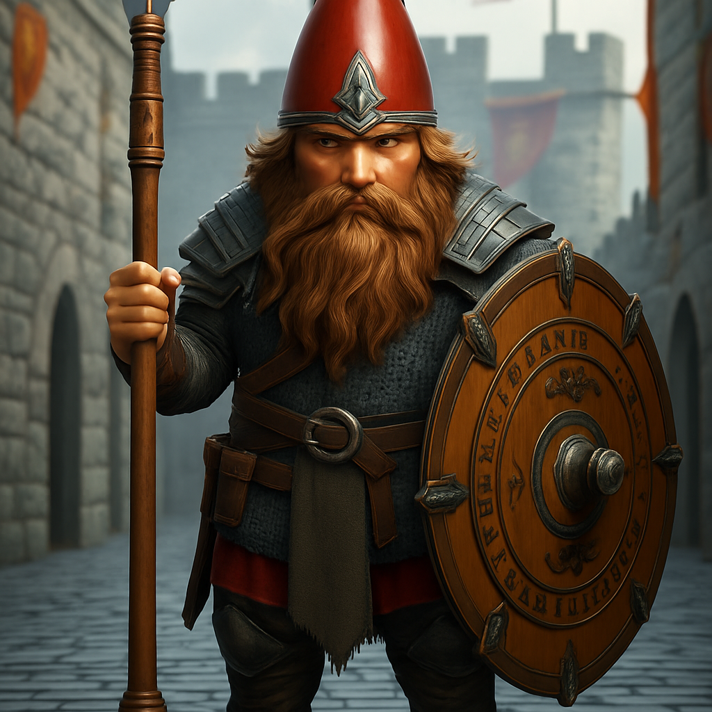 A hyperrealistic gnome fighter from Dungeons and Dragons, featuring a closed, pointed red conical iron helmet