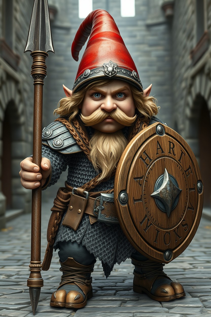 A hyperrealistic gnome fighter from Dungeons & Dragons wearing intricate chainmail armor and a distinctive red conical iron helmet
