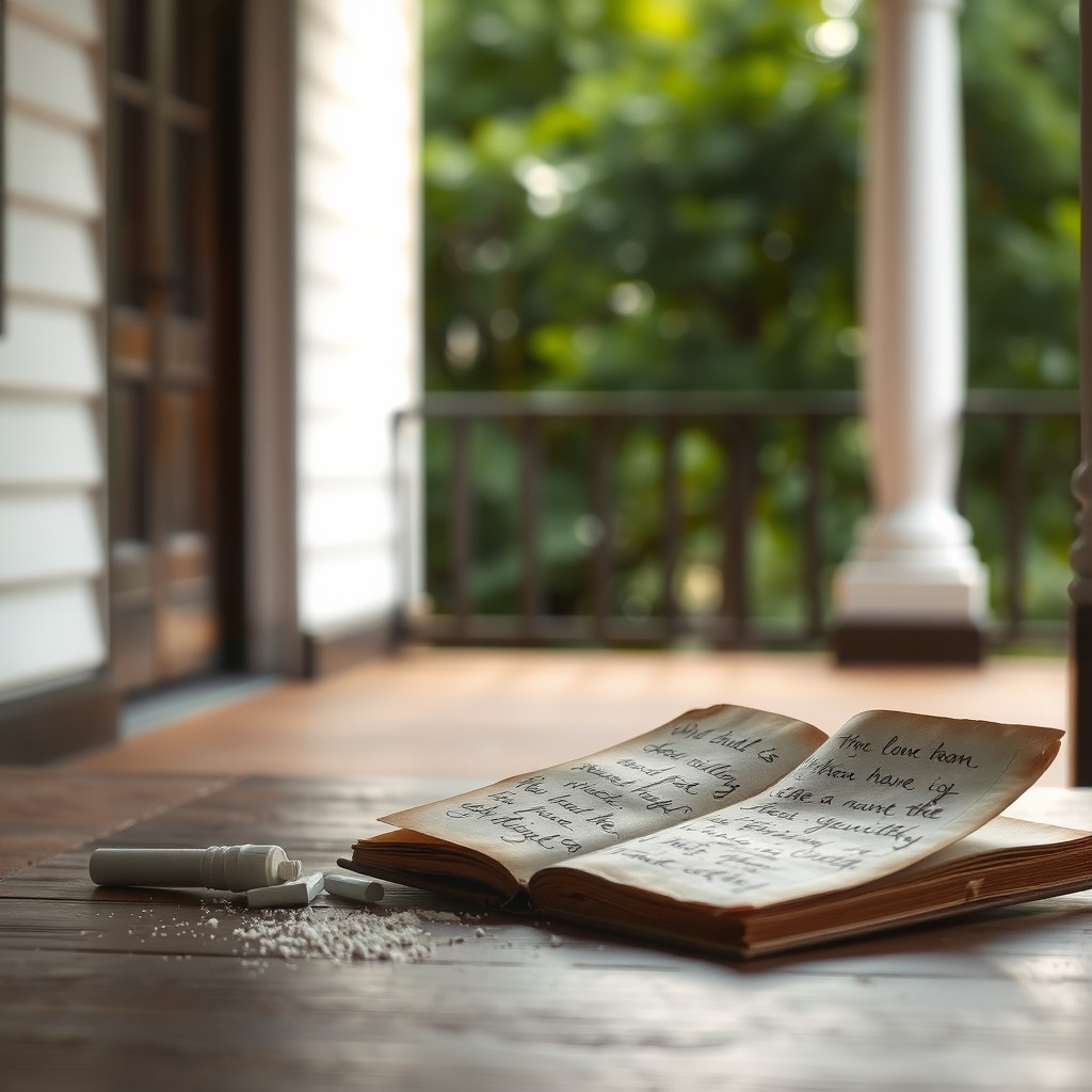 A serene and soft-toned image depicting a quiet veranda, with gentle sunlight filtering through, illuminating the space