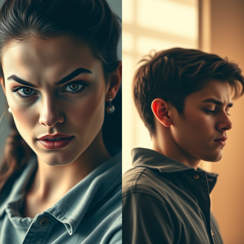 A split image featuring two young adults: on one side, a young woman aged 19 to 21 with strikingly determined eyes that reflect ambition and strength, her expression fierce and empowering