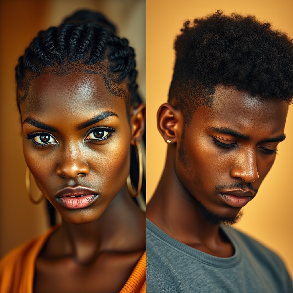 A split image featuring two young Black African adults: on one side, a young woman aged 19 to 21 with strikingly determined eyes that reflect ambition and strength, her expression fierce and empowering