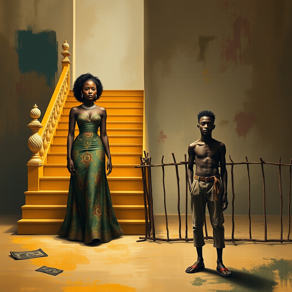 An abstract representation of class divide featuring a rich African 20-year-old lady from an affluent family alongside a 21-year-old male from a very poor background