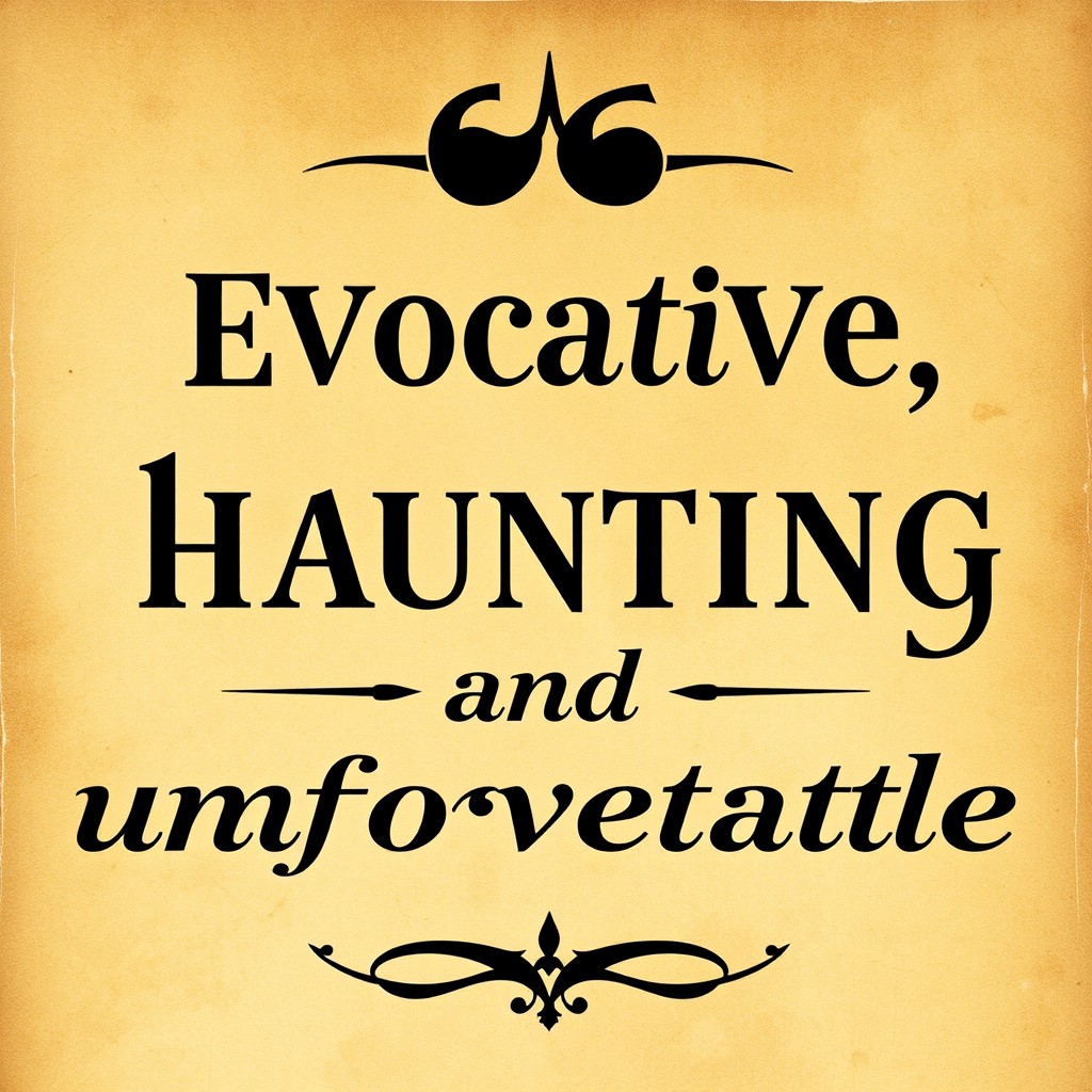 A visually striking depiction of black text set against a textured parchment background, featuring the quote: "Evocative, haunting, and unforgettable